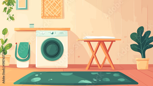 A cozy laundry room, featuring a washer, ironing board, plants, and a rug