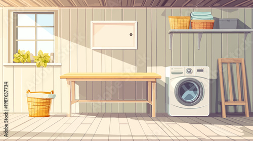 A light-filled laundry room with a washing machine, table, and storage baskets, stylized