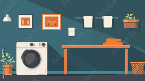 A cozy laundry room illustration with a washing machine, table, and decorative elements