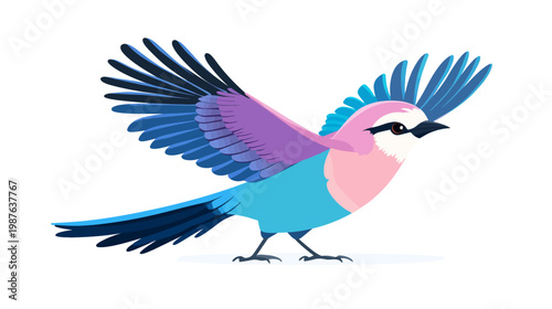A vibrant illustration of a bird with colorful plumage, mid-flight against a clean white background