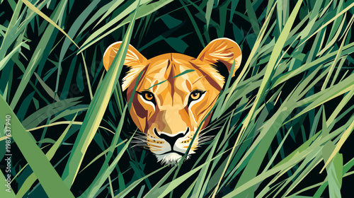 A stylized illustration features a lioness partially obscured by tall, green blades of grass