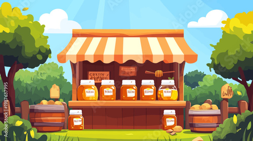 Animated illustration of a honey stand with jars displayed. Barrels, trees, and sky add to the scene