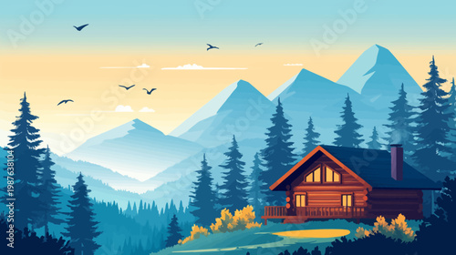 Stylized illustration of a rustic wooden cabin nestled in a serene mountainous landscape
