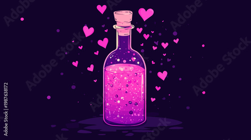 A cartoon illustration of a glass bottle containing a bubbly pink liquid and surrounded by hearts