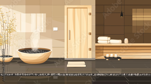 Pixelated artwork of a spa with a steam bath, wooden sauna, bamboo plants, and decorative elements