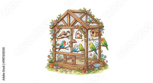 Large Wooden Bird Aviary with Colorful Parrots Illustration