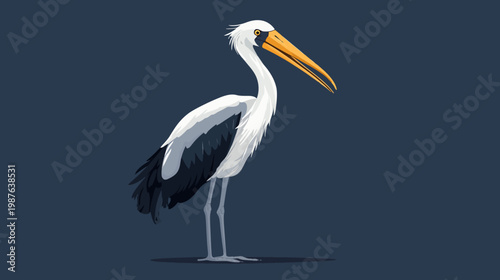 A stylized illustration of a long-billed bird with a white body, dark wing and feathers, and yellow beak