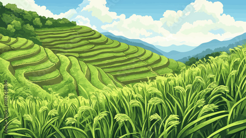 Pixelated artwork of layered green rice terraces, tall grass, mountains, and fluffy clouds under a blue sky