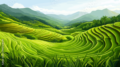 A vibrant illustration showcasing terraced fields cascading down lush green hills with mountains in the background