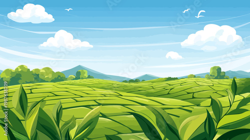 A picturesque vista featuring rolling green fields, blue sky, clouds, birds, and mountains