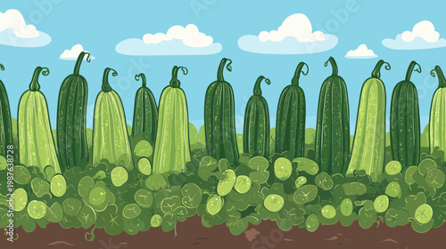 A digital illustration depicts a row of green vegetables growing in a lush garden with clouds