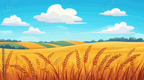 A vibrant cartoon illustration of a wheat field under a bright blue sky with fluffy clouds