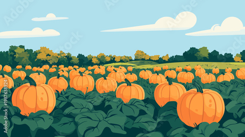 A vibrant digital illustration showing a field of ripe pumpkins with foliage and a blue sky with clouds