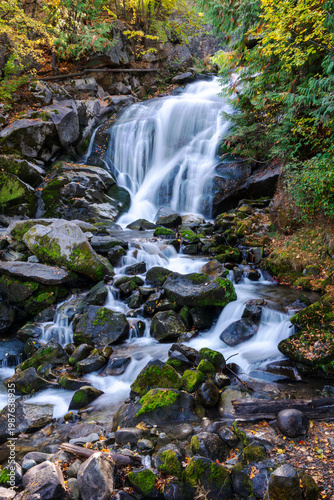 Pristine Cottonwood Falls Nelson British Columbia. Cottonwood Falls in Nelson BC located in the Selkirk Mountains. British Columbia, Canada. Motion blur.

