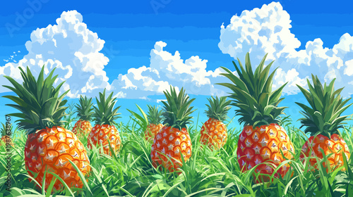 A vibrant painting showcasing a field of ripe pineapples under a clear blue sky with fluffy clouds
