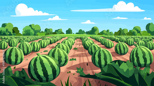Pixelated artwork of a watermelon farm under a sunny sky with scattered clouds and lush green trees