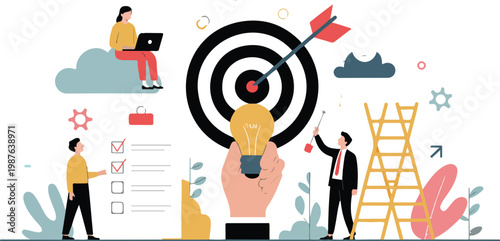 Flat design business concept illustration with target light bulb checklist and small figures representing goals innovation and productivity success