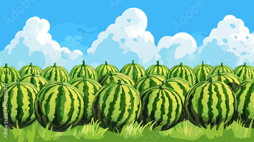 Pixelated artwork depicts a field of ripe watermelons, green grass and clouds in sky