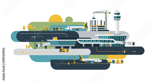 Modern Airport Hub and Aviation Logistics Illustration with Passenger Planes, Terminal Buildings, Control Tower, and Transport Infrastructure Development
