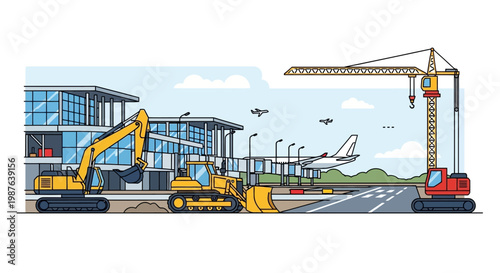 Airport Construction and Infrastructure Development Illustration with Heavy Machinery, Terminal Building, and Airplanes