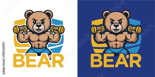 A cartoon bear with a muscular build lifting dumbbells in two different colored backgrounds, symbolizing strength and fitness. This image can be used for marketing, advertising, or as a logo for a fit