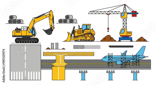 Industrial Construction Site Vector Illustration with Heavy Machinery, Excavator, Crane, and Infrastructure Elements