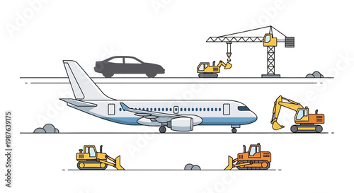 Industrial Logistics and Transport Concept Illustration Featuring Commercial Airplane, Construction Machinery, Excavators, and Crane on a White Background