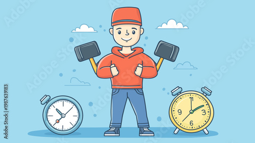 A smiling person in a red hoodie holds hammers and stands between two clocks, set against a blue backdrop