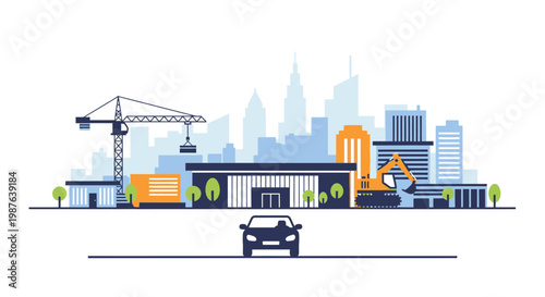 Modern City Urban Development and Construction Site Concept with Tower Crane, Excavator, and Building Infrastructure - Flat Vector Illustration