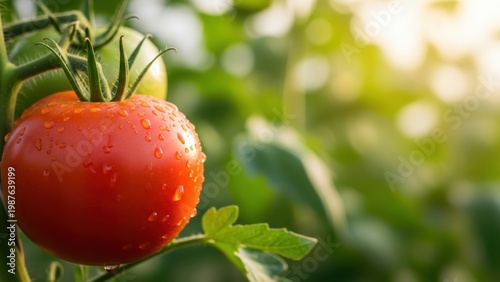 Fresh red tomato on the vine with a sunlit green background.
