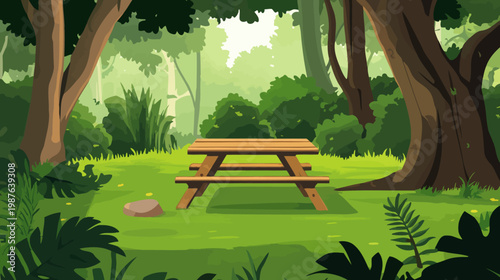 A serene woodland scene showcasing a picnic table surrounded by lush greenery and towering trees