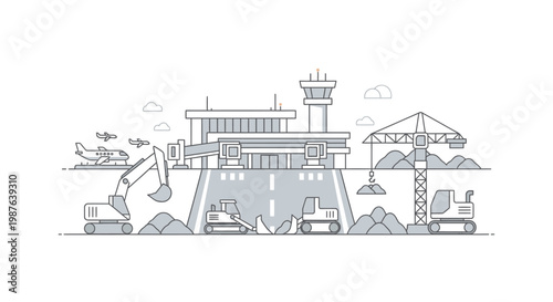 Modern Airport Infrastructure Development and Construction Site with Heavy Machinery, Airplanes and Terminal Building Illustration