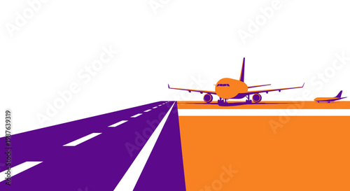 Stylized Minimalist Airplane Illustration on Runway; Commercial Jet Aviation Concept in Bold Orange and Purple Colors