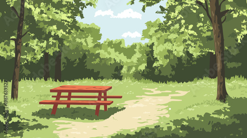 Illustration of a park scene with a red picnic table, trees, and path leading into the distance