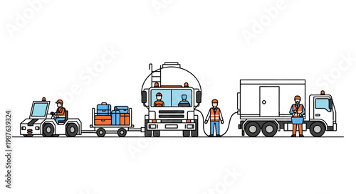 Airport Ground Support Equipment and Personnel Vector Illustration: Fuel Truck, Baggage Tug, and Catering Vehicle