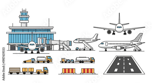 Comprehensive Airport Operations and Aviation Service Vector Illustration Set Featuring Airplanes, Terminal Tower, Runway, and Ground Support Equipment