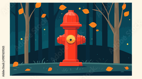 A stylized illustration features a fire hydrant, autumn leaves, and trees in a forest scene