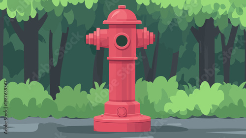 A stylized cartoon depiction of a fire hydrant, situated on a path, against a forest backdrop