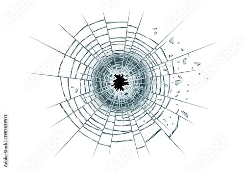 Realistic broken glass vector illustration with radiating cracks and a central impact point on a white background
