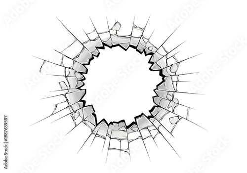 Broken glass vector illustration of shattered window pane, cracked surface effect
