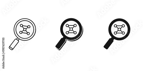 Three magnifying glasses examining progressively complex molecular structures.