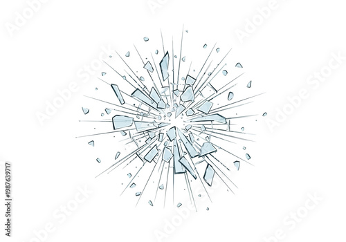 Broken glass explosion vector illustration with sharp fragments radiating outwards