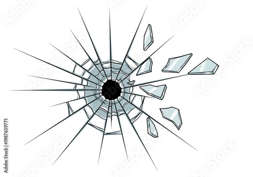 Vector illustration of a broken window with a hole and shattered glass pieces flying outward