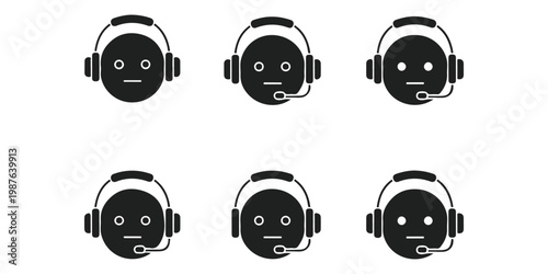 Six stylized headsets with varying facial expressions to depict different emotions