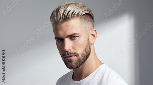 Blond man with fade haircut on white background