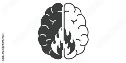A divided brain illustration depicting contrasting hemispheres with one side in flames