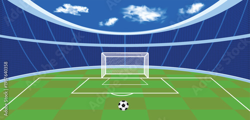 Soccer stadium with green field and goal, bright blue sky with clouds above, curving grandstands in background, panoramic view of sports arena during daylight