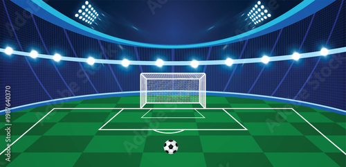 Illuminated soccer stadium at night, bright spotlights shining on green field and goal, blue grandstands curving around pitch, professional sports venue ambiance