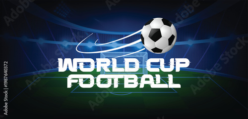 World cup football stadium arena at night with bright lights illuminating green grass field and goal posts iconic sport championship concept victory celebration stadium.