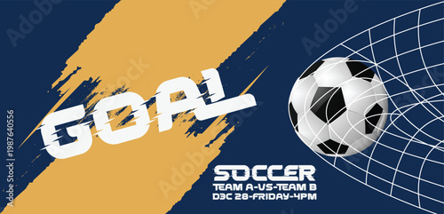 Soccer goal scored, football banner with ball hitting net with splash effect, bold text announces victory and match results, dynamic blue and gold background, exciting sports moment.